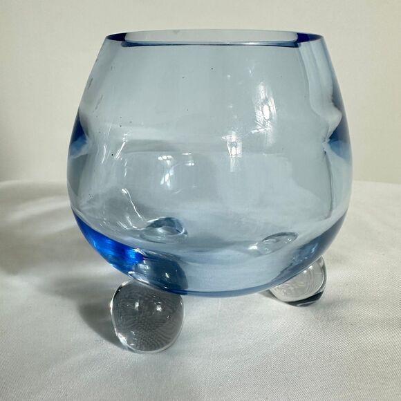 Vintage Tiffin Glass Swedish Optic Copen Blue  3 Feet Ball Vase - Picture 2 of 8